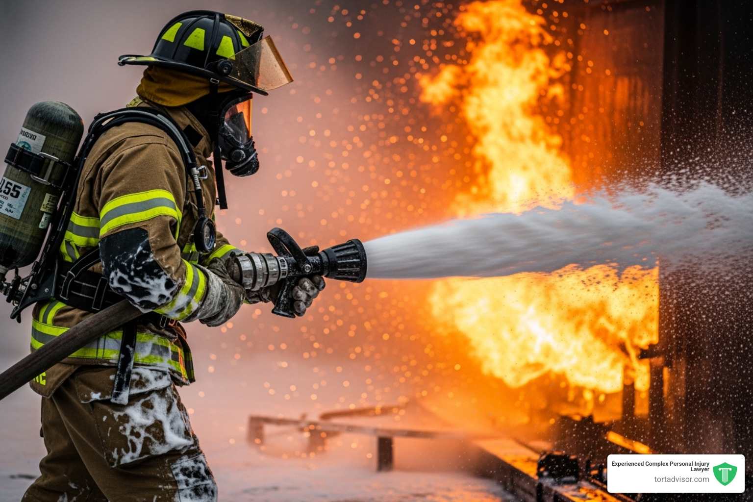 A firefighter in full gear, actively engaged in extinguishing a fire with foam, highlighting the direct occupational exposure to AFFF - pfas prostate cancer lawsuit