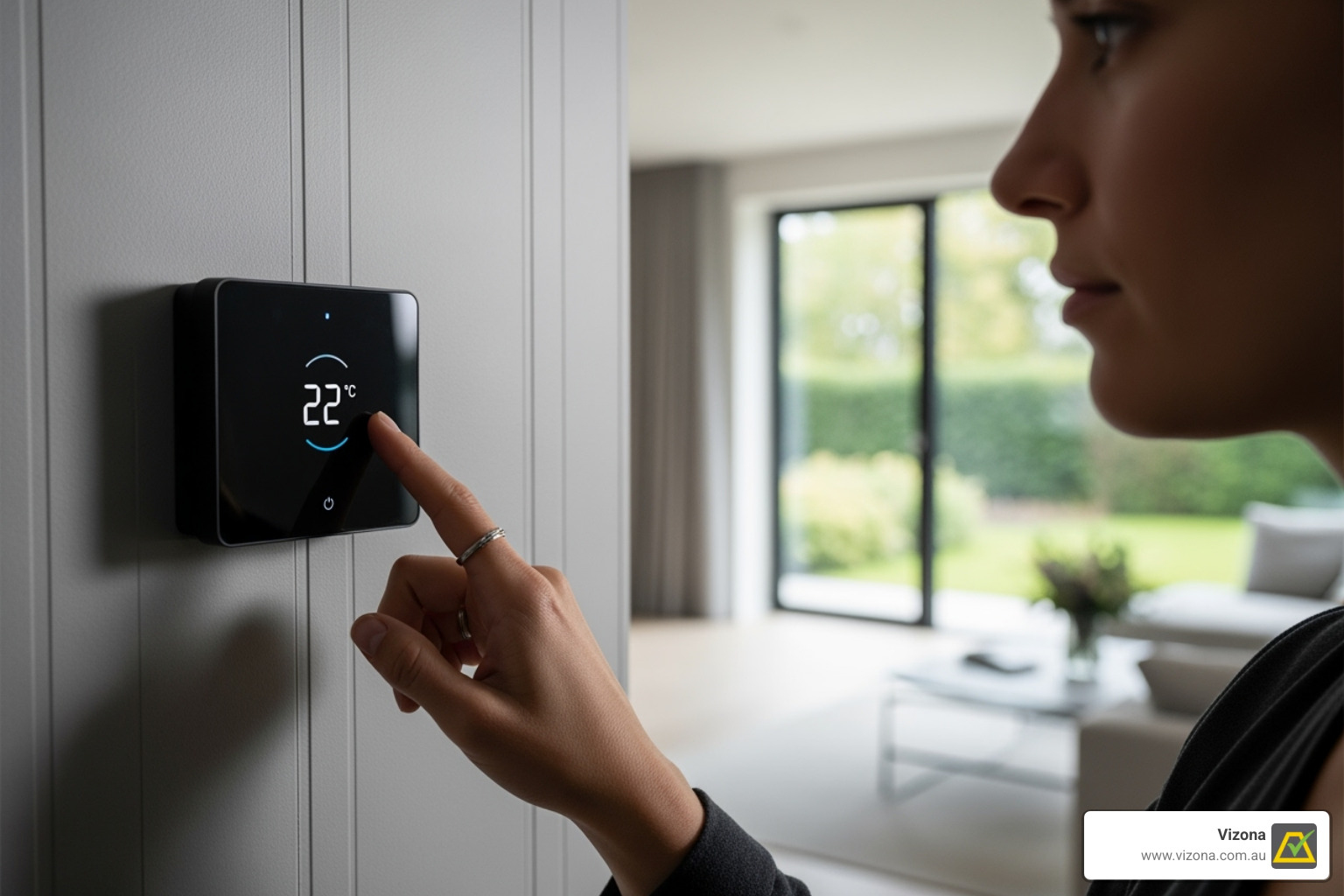 A person adjusting a smart thermostat in a modern home - Reduced energy consumption