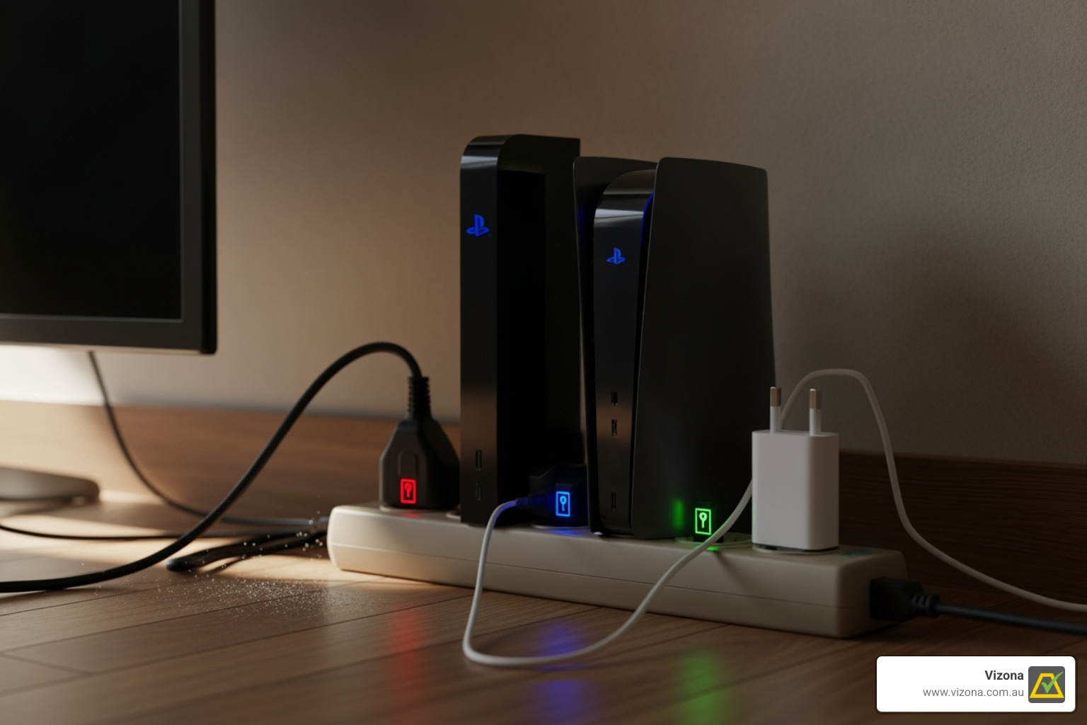 A power strip with multiple devices plugged in, some glowing on standby - Reduced energy consumption