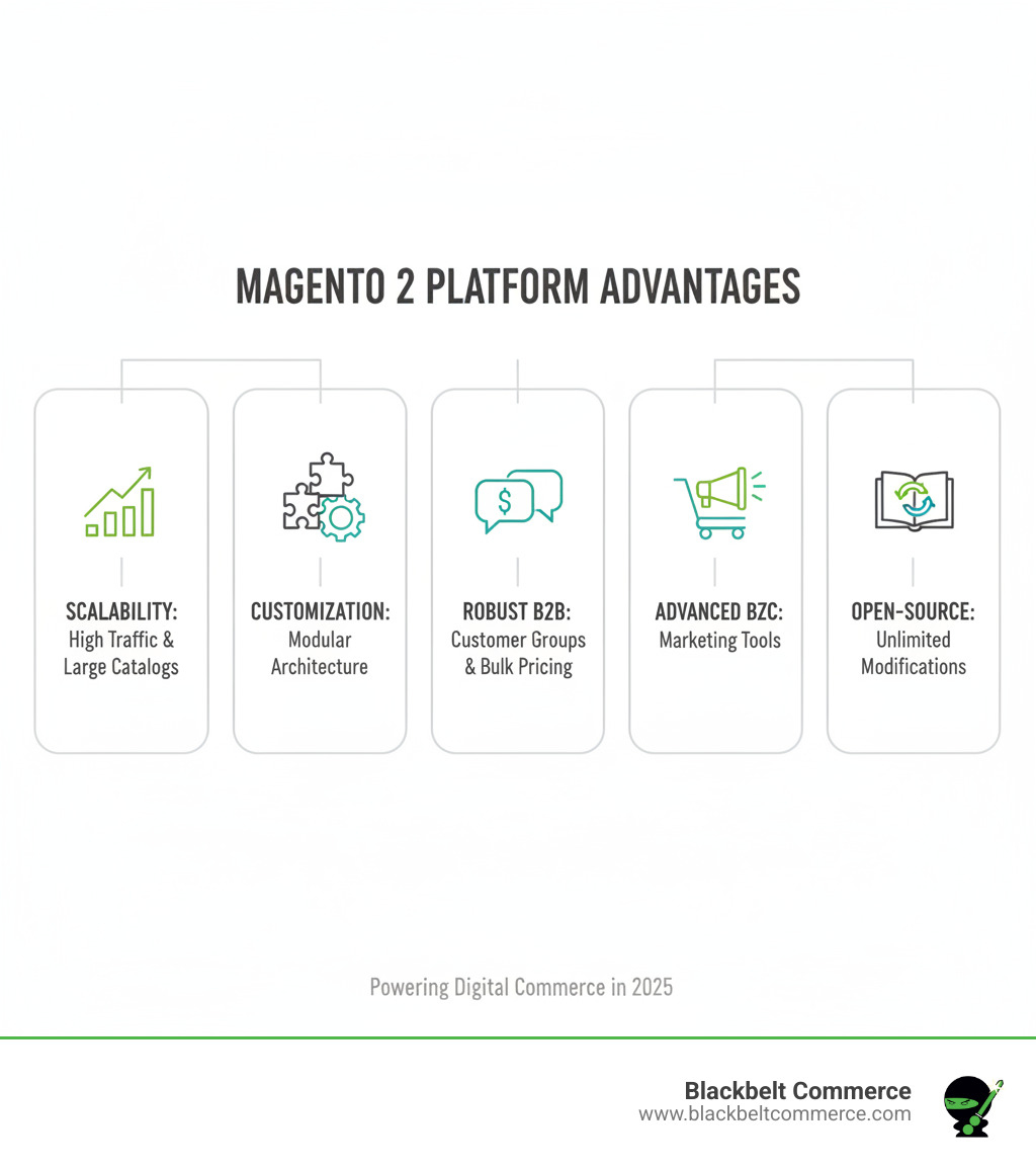 Infographic showing Magento 2 platform advantages: Scalability for handling high traffic and large product catalogs, extensive customization options with modular architecture, robust B2B features including customer groups and bulk pricing, B2C capabilities with advanced marketing tools, and open-source flexibility for unlimited modifications - magento 2 agency infographic 