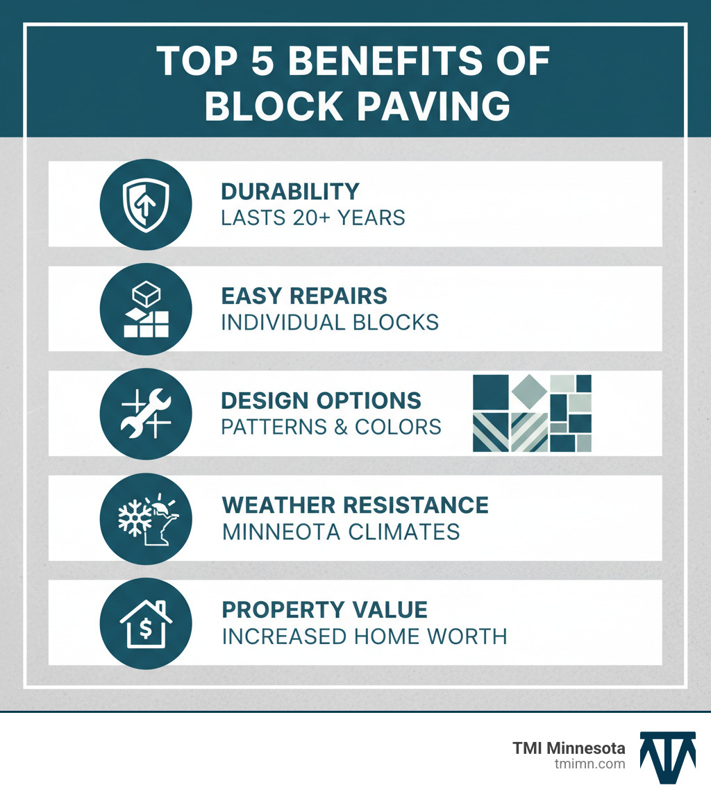 Infographic showing the top 5 benefits of block paving: durability lasting 20+ years, easy individual block repairs, extensive design options with multiple patterns and colors, weather resistance in Minnesota climates, and increased property value - block paving contractors infographic Infographic showing the top 5 benefits of block paving: durability lasting 20+ years, easy individual block repairs, extensive design options with multiple patterns and colors, weather resistance in Minnesota climates, and increased property value - block paving contractors infographic