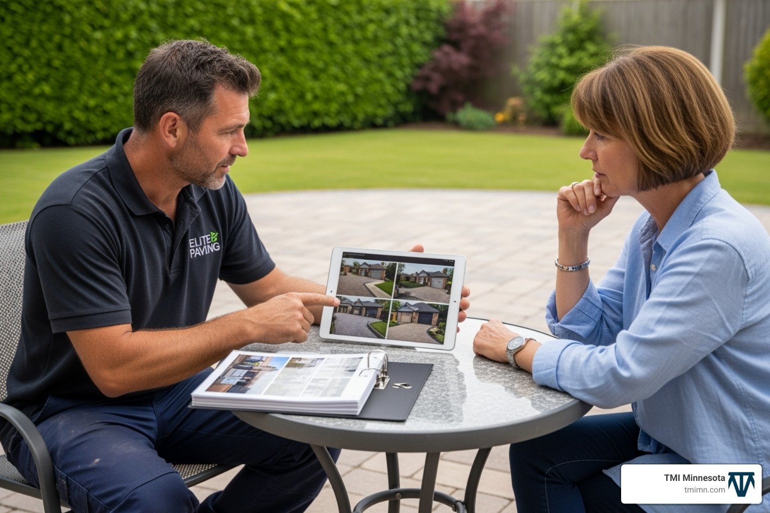 contractor showing portfolio to client - block paving contractors contractor showing portfolio to client - block paving contractors