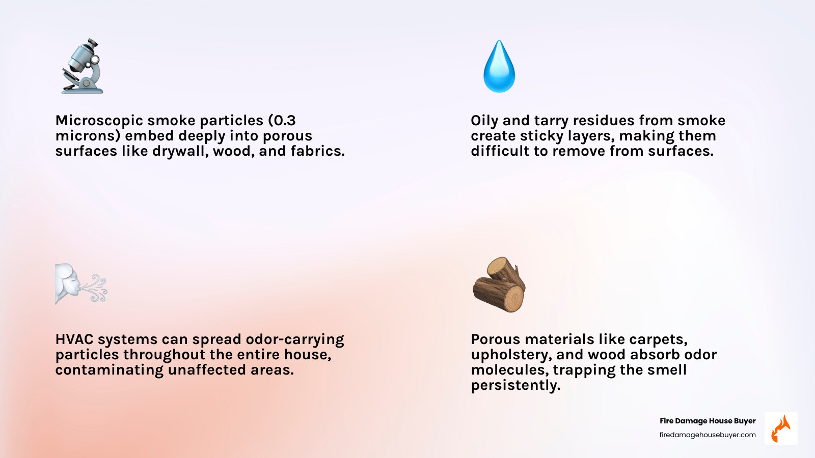 Infographic showing microscopic smoke particles penetrating through layers of drywall, wood grain, and fabric fibers. Infographic showing microscopic smoke particles penetrating through layers of drywall, wood grain, and fabric fibers.