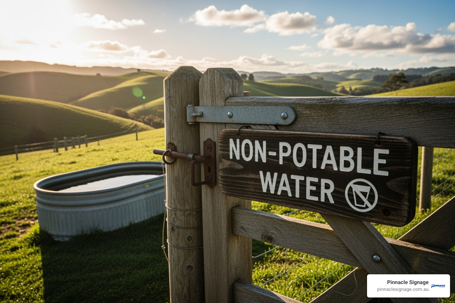 non drinkable water sign on a farm gate near a water trough - non drinkable water signs