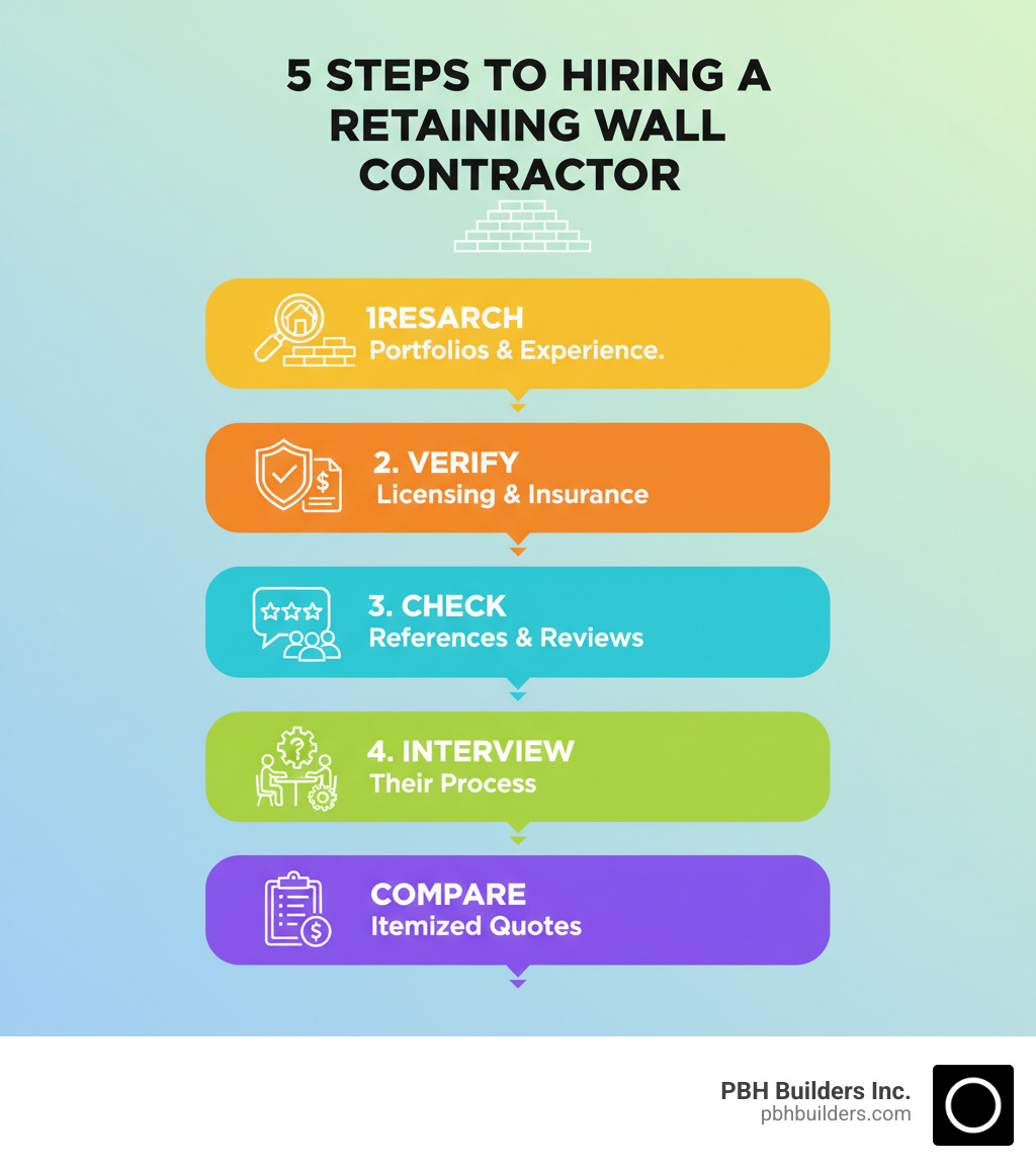 Infographic showing the retaining wall contractor selection process: 1) Research local portfolios and experience, 2) Verify licensing and insurance credentials, 3) Check references and online reviews, 4) Interview contractors about their process, 5) Compare detailed itemized quotes - retaining wall contractor infographic 