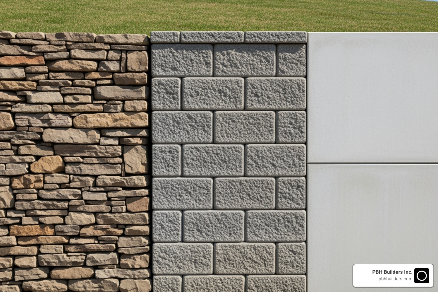 Variety of retaining wall materials like natural stone, concrete blocks, and poured concrete - retaining wall contractor