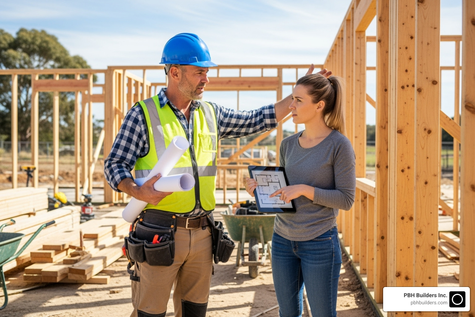 Contractor discussing plans with a homeowner on-site - retaining wall contractor
