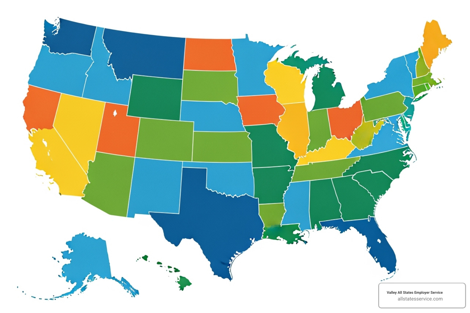 Map of the United States with various states highlighted in different colors to indicate mandatory E-Verify laws, voluntary usage, or specific requirements for public employers/contractors - Federal E-Verify program