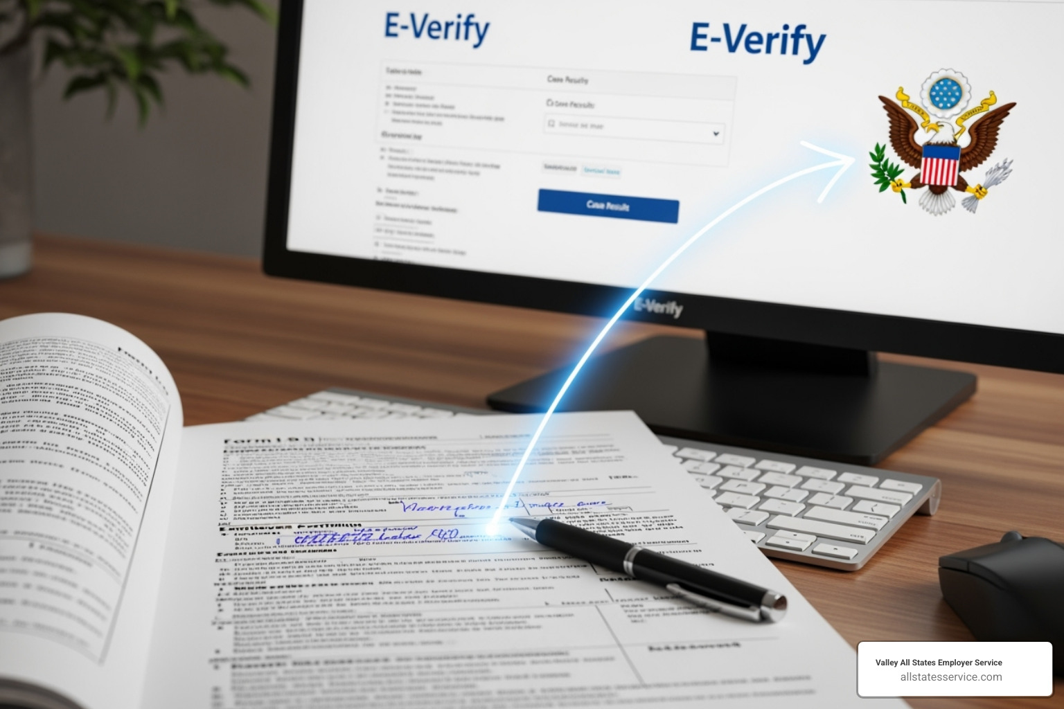 Side-by-side comparison of a Form I-9 document and the E-Verify computer interface, illustrating how information flows from one to the other - Federal E-Verify program