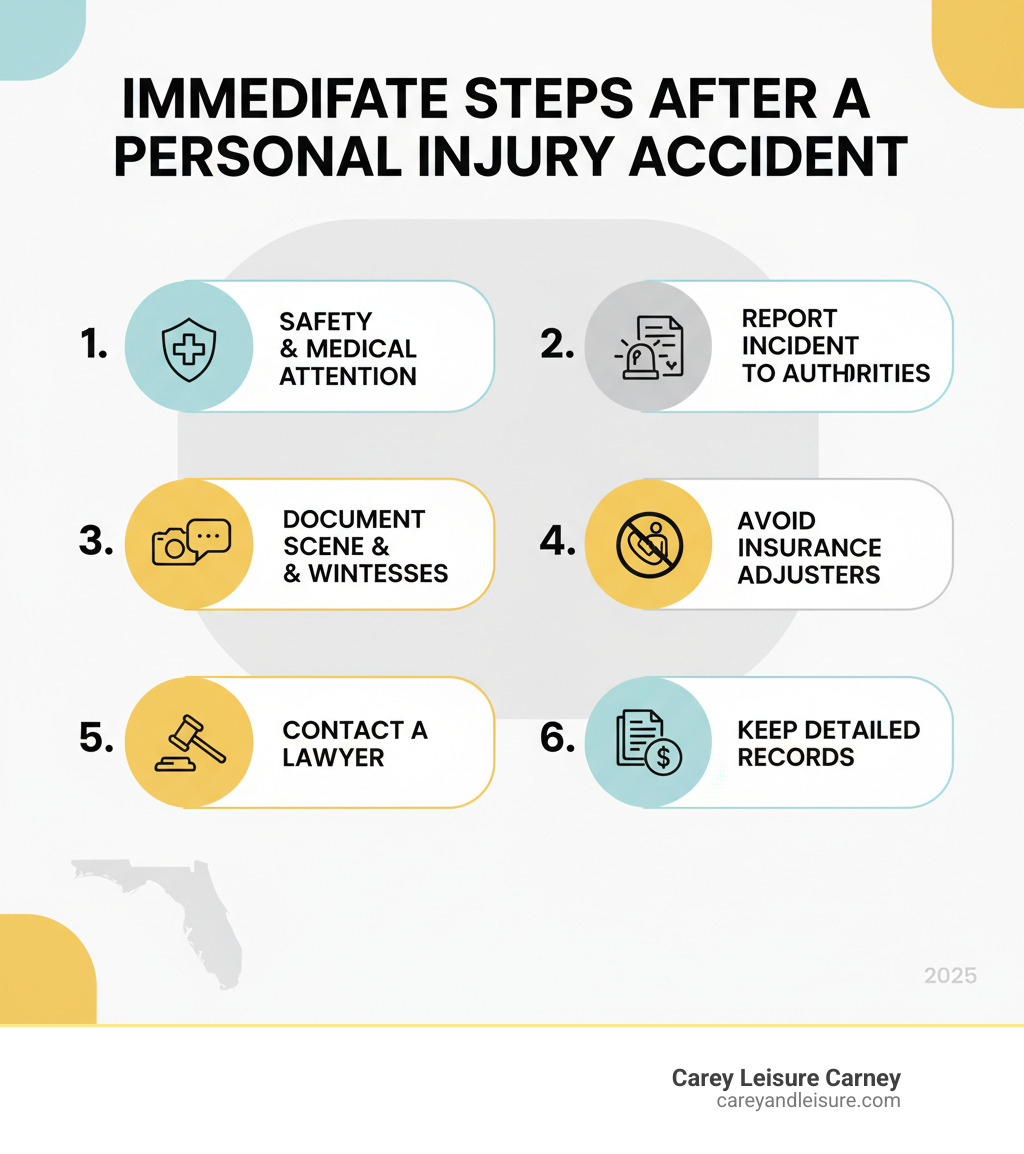 Infographic explaining the immediate steps to take after any personal injury accident: 1. Ensure safety and seek medical attention, 2. Report the incident to authorities, 3. Document the scene with photos and witness information, 4. Avoid speaking to insurance adjusters, 5. Contact a personal injury lawyer, 6. Keep detailed records of all expenses and treatments - personal injury lawyer st petersburg fl infographic Infographic explaining the immediate steps to take after any personal injury accident: 1. Ensure safety and seek medical attention, 2. Report the incident to authorities, 3. Document the scene with photos and witness information, 4. Avoid speaking to insurance adjusters, 5. Contact a personal injury lawyer, 6. Keep detailed records of all expenses and treatments - personal injury lawyer st petersburg fl infographic