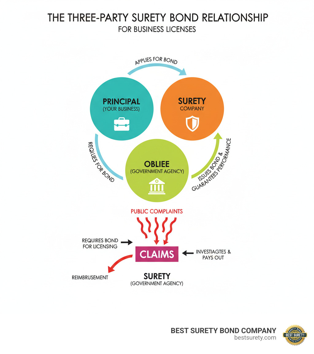 Infographic showing the three-party surety bond relationship: Principal (your business) applies for bond, Surety Company issues the bond and guarantees performance, Obligee (government agency) requires the bond for licensing, with arrows showing how claims flow from public complaints through the surety to eventual reimbursement by the principal - bond for business license infographic  Infographic showing the three-party surety bond relationship: Principal (your business) applies for bond, Surety Company issues the bond and guarantees performance, Obligee (government agency) requires the bond for licensing, with arrows showing how claims flow from public complaints through the surety to eventual reimbursement by the principal - bond for business license infographic