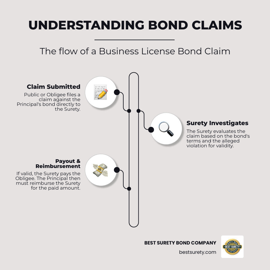 Infographic illustrating the flow of a bond claim: Public/Obligee files a claim against the Principal's bond. The claim goes to the Surety. The Surety investigates the claim. If valid, the Surety pays the Obligee. The Principal then reimburses the Surety. - bond for business license infographic infographic-line-3-steps-neat_beige Infographic illustrating the flow of a bond claim: Public/Obligee files a claim against the Principal's bond. The claim goes to the Surety. The Surety investigates the claim. If valid, the Surety pays the Obligee. The Principal then reimburses the Surety. - bond for business license infographic infographic-line-3-steps-neat_beige