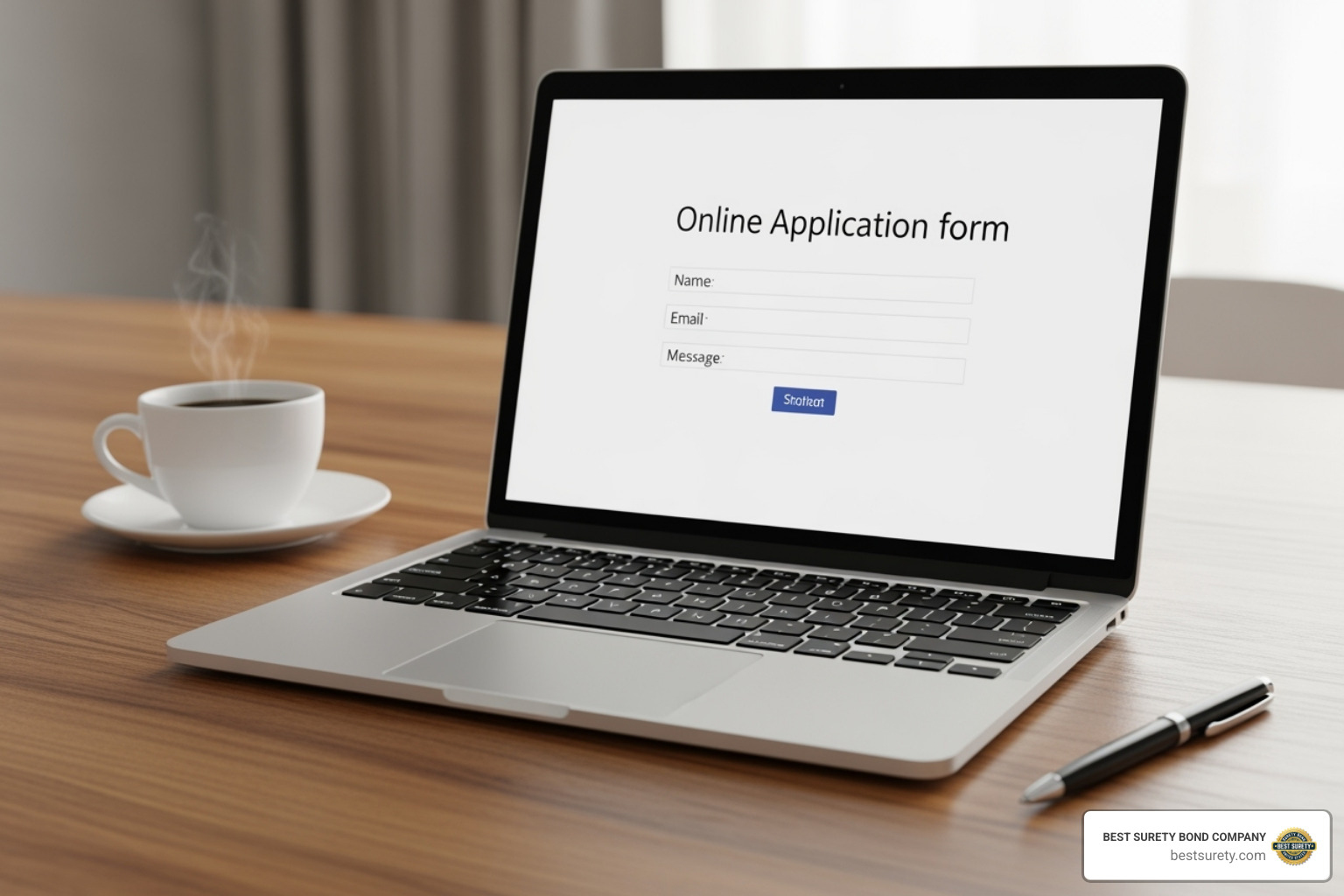 Image of a simple online application form on a laptop, with a pen and coffee cup nearby, suggesting ease and convenience - bond for business license Image of a simple online application form on a laptop, with a pen and coffee cup nearby, suggesting ease and convenience - bond for business license