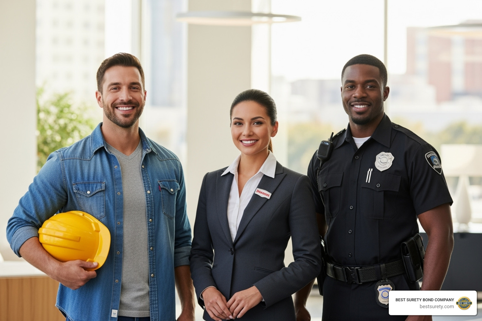 Image of various professionals like a contractor, auto dealer, and security guard, all smiling and looking confident - bond for business license Image of various professionals like a contractor, auto dealer, and security guard, all smiling and looking confident - bond for business license