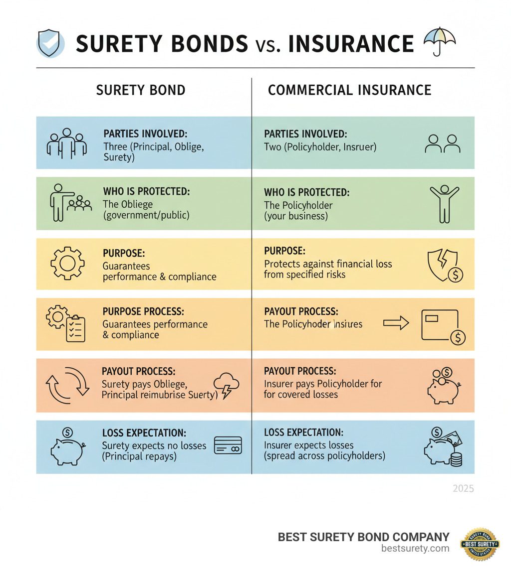 Table comparing Surety Bonds vs. Insurance highlighting the differences in parties involved, who is protected, purpose, payout process, and loss expectation - bond for business license infographic  Table comparing Surety Bonds vs. Insurance highlighting the differences in parties involved, who is protected, purpose, payout process, and loss expectation - bond for business license infographic