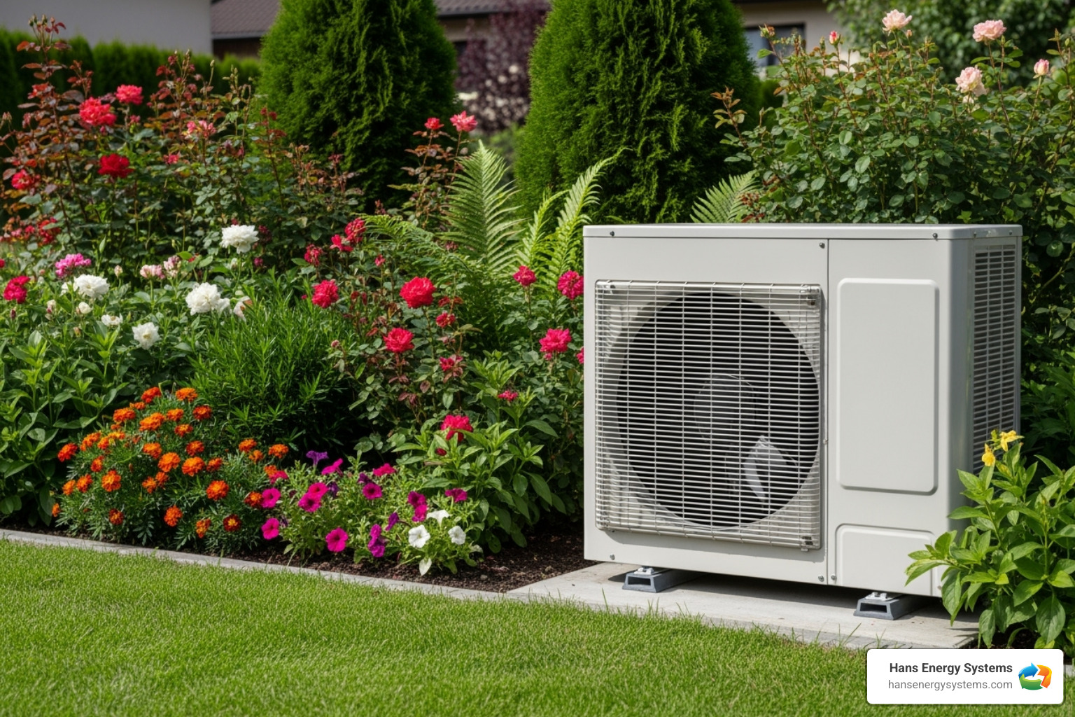 clean outdoor AC unit next to a thriving garden - Preventative AC maintenance