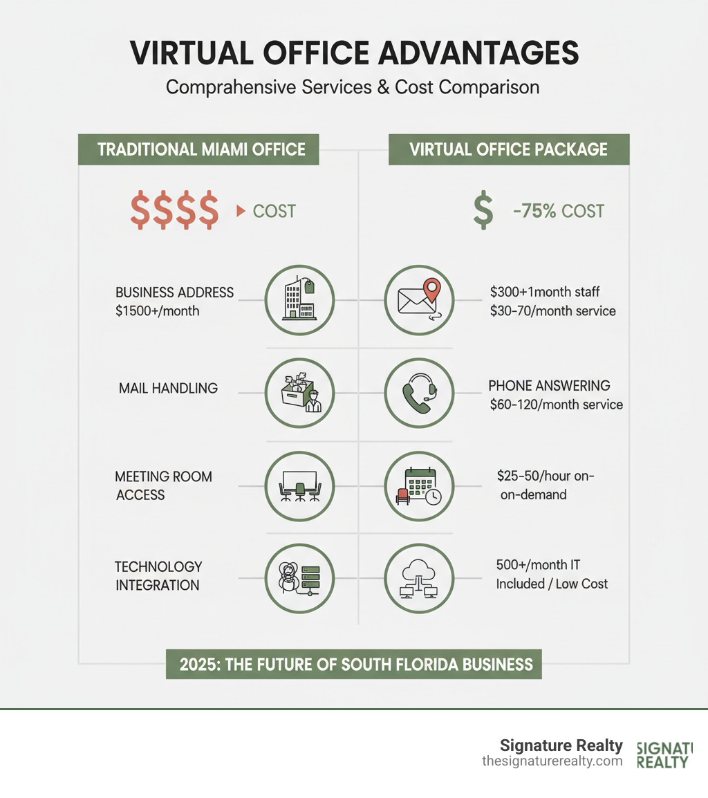 Comprehensive breakdown of virtual office services showing cost comparisons between traditional Miami offices and virtual office packages, including business address services, mail handling, phone answering, meeting room access, and technology integration options - virtual office advantages infographic Comprehensive breakdown of virtual office services showing cost comparisons between traditional Miami offices and virtual office packages, including business address services, mail handling, phone answering, meeting room access, and technology integration options - virtual office advantages infographic