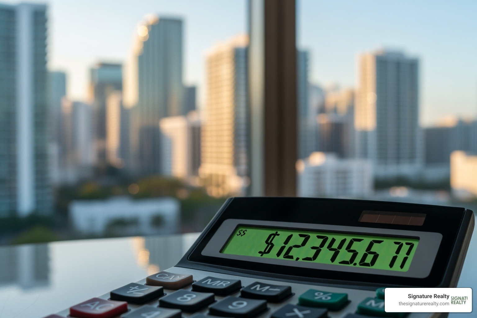 Calculator showing significant savings with a backdrop of a Miami office building - virtual office advantages Calculator showing significant savings with a backdrop of a Miami office building - virtual office advantages