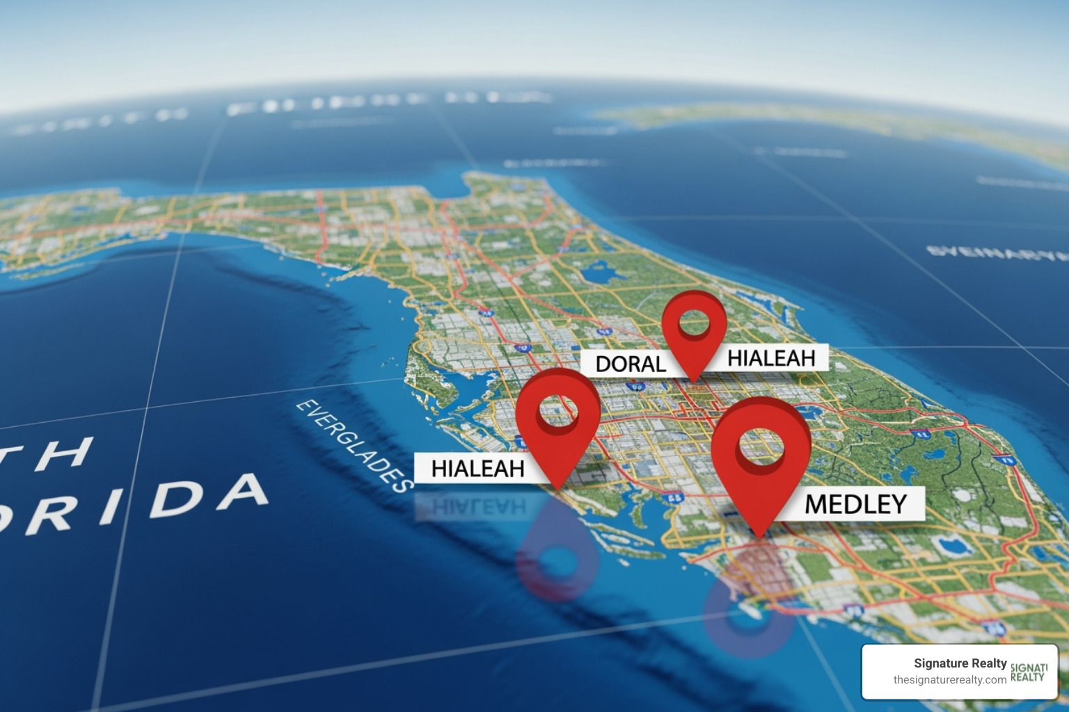 Map of South Florida with pins in Miami, Doral, Hialeah, and Medley - virtual office advantages Map of South Florida with pins in Miami, Doral, Hialeah, and Medley - virtual office advantages