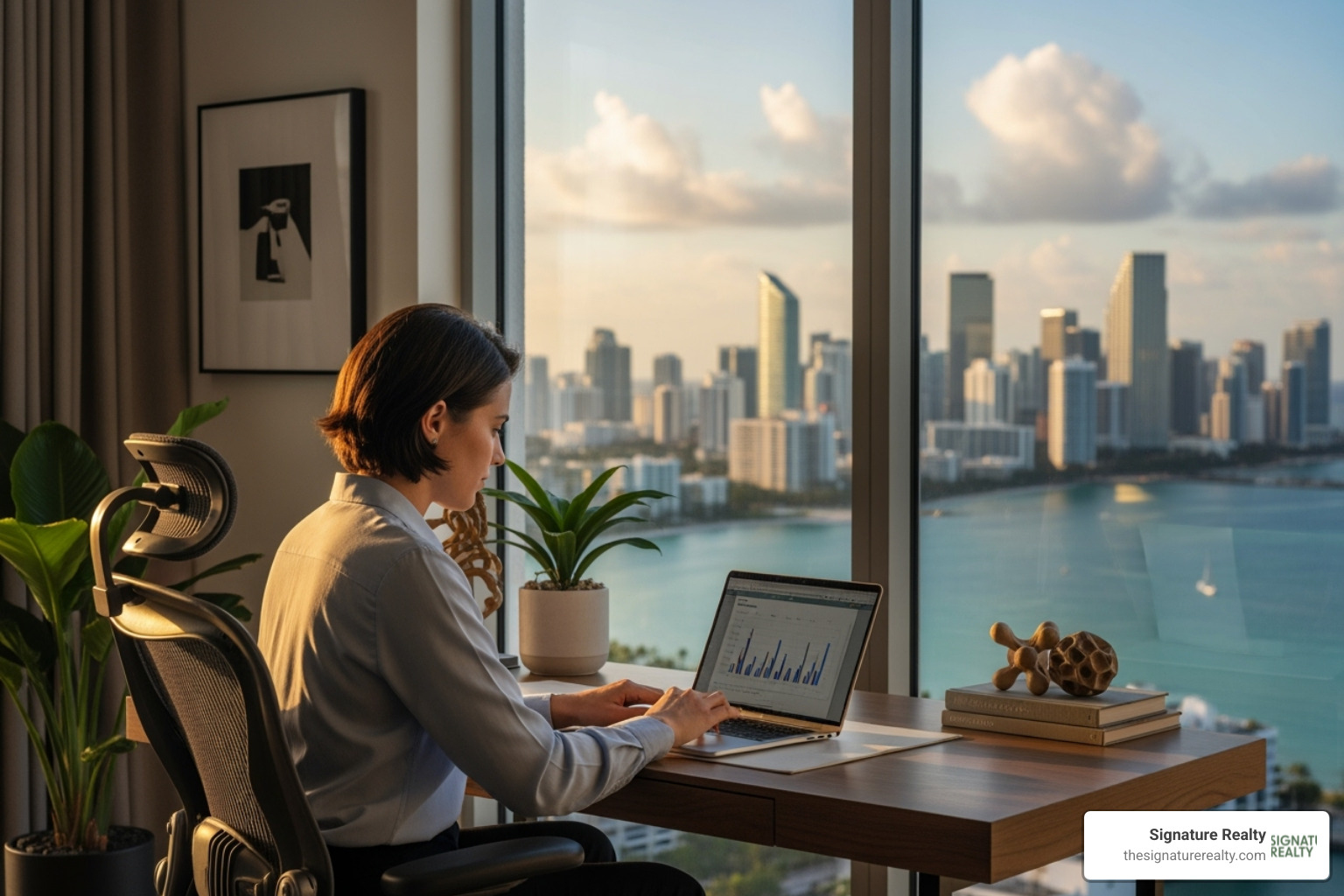 Professional working on a laptop in a modern home office with a view of the Miami skyline - virtual office advantages Professional working on a laptop in a modern home office with a view of the Miami skyline - virtual office advantages