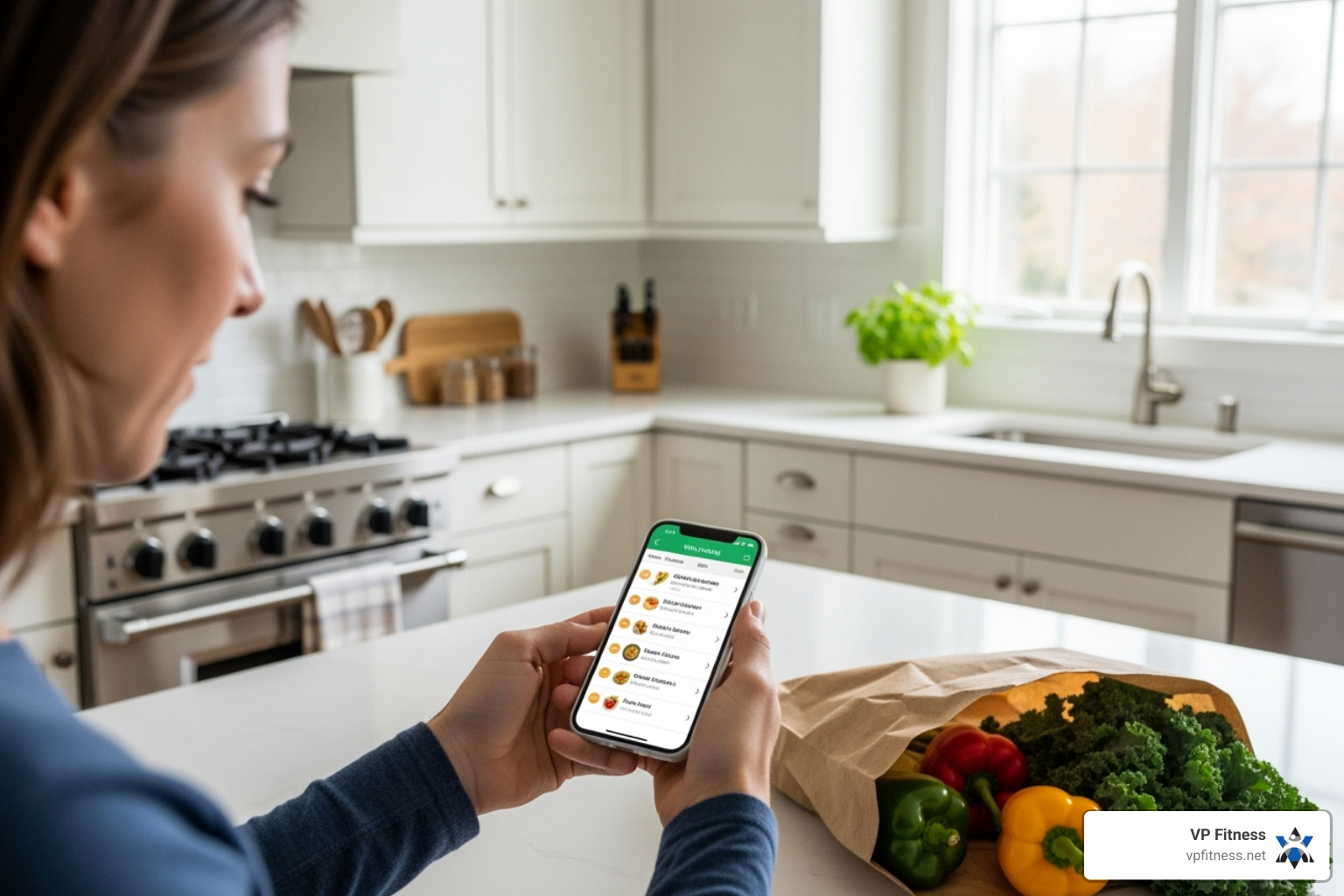 person using a meal planning app on their phone in a kitchen - Customized nutrition plan person using a meal planning app on their phone in a kitchen - Customized nutrition plan