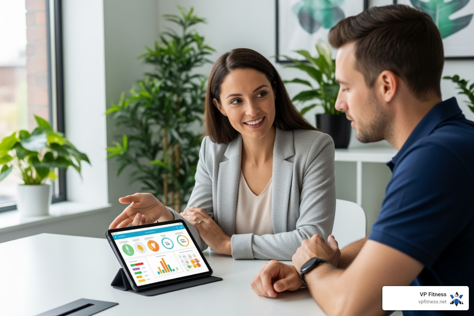 nutrition coach consulting with a client, reviewing data on a tablet - Customized nutrition plan nutrition coach consulting with a client, reviewing data on a tablet - Customized nutrition plan