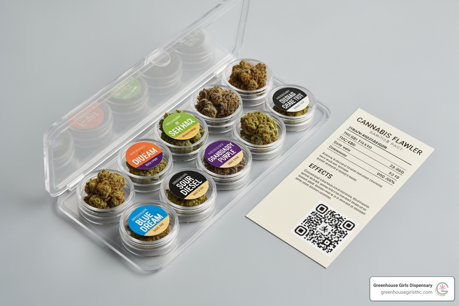 a sampler pack opened, showing individual labeled containers and a card with strain info/QR code - cannabis flower sampler