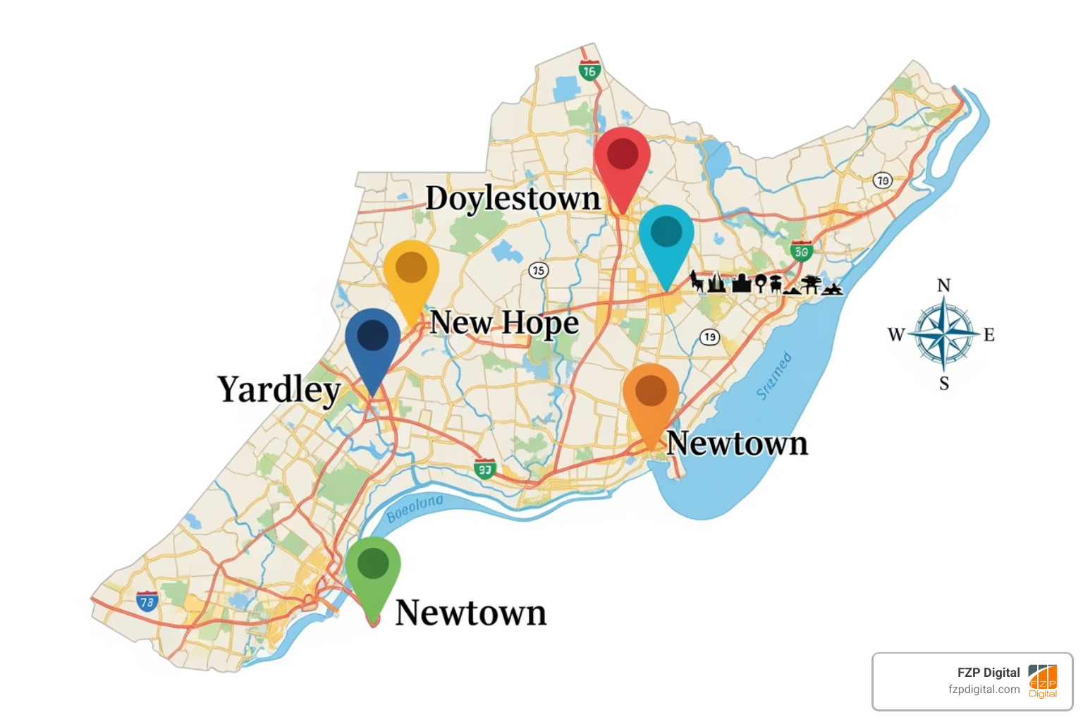 Map of Bucks County highlighting key towns like Doylestown, New Hope, Yardley, and Newtown - Bucks County web designer Map of Bucks County highlighting key towns like Doylestown, New Hope, Yardley, and Newtown - Bucks County web designer