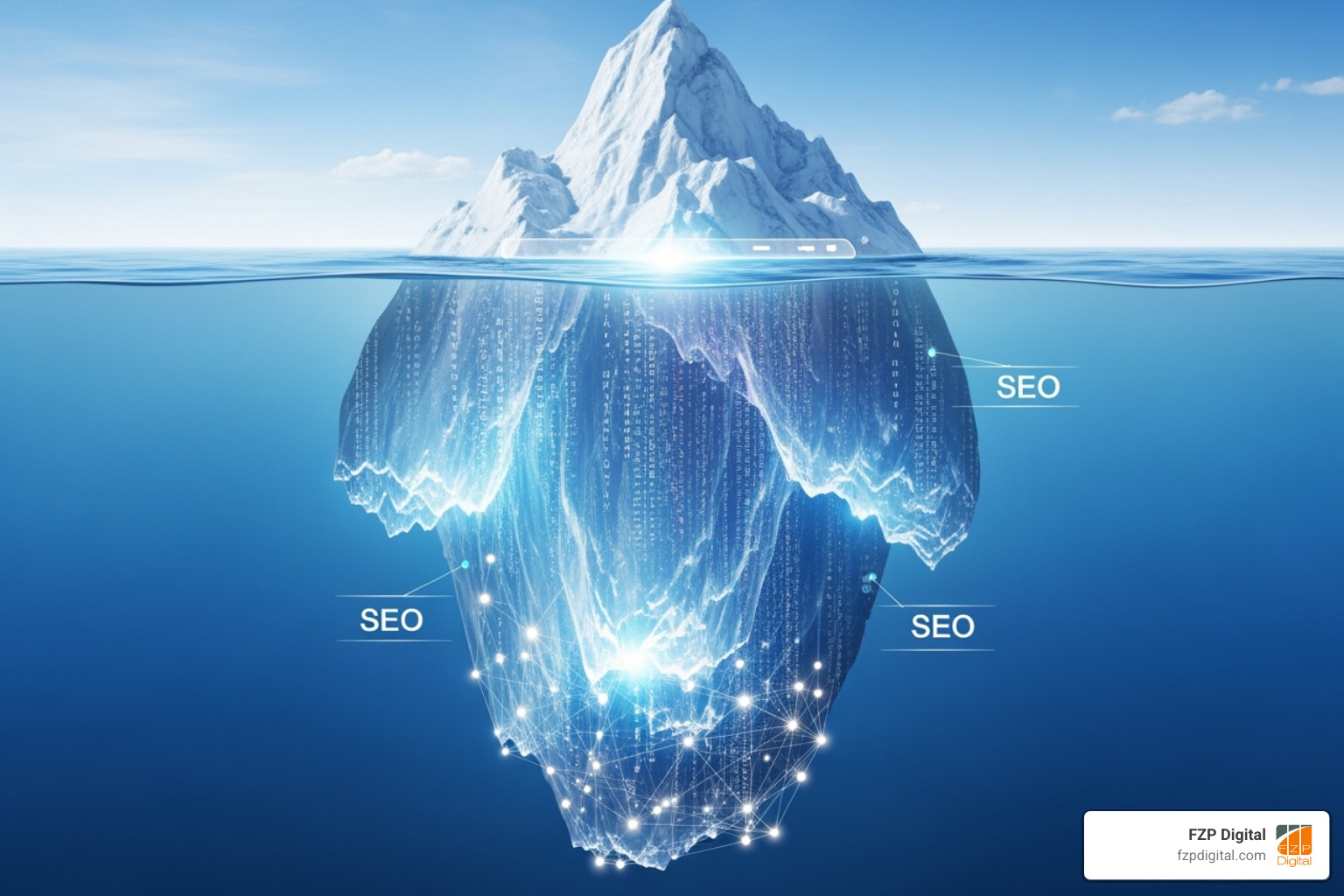 Iceberg showing website design on the visible top and technical/SEO foundation below - Bucks County web designer Iceberg showing website design on the visible top and technical/SEO foundation below - Bucks County web designer