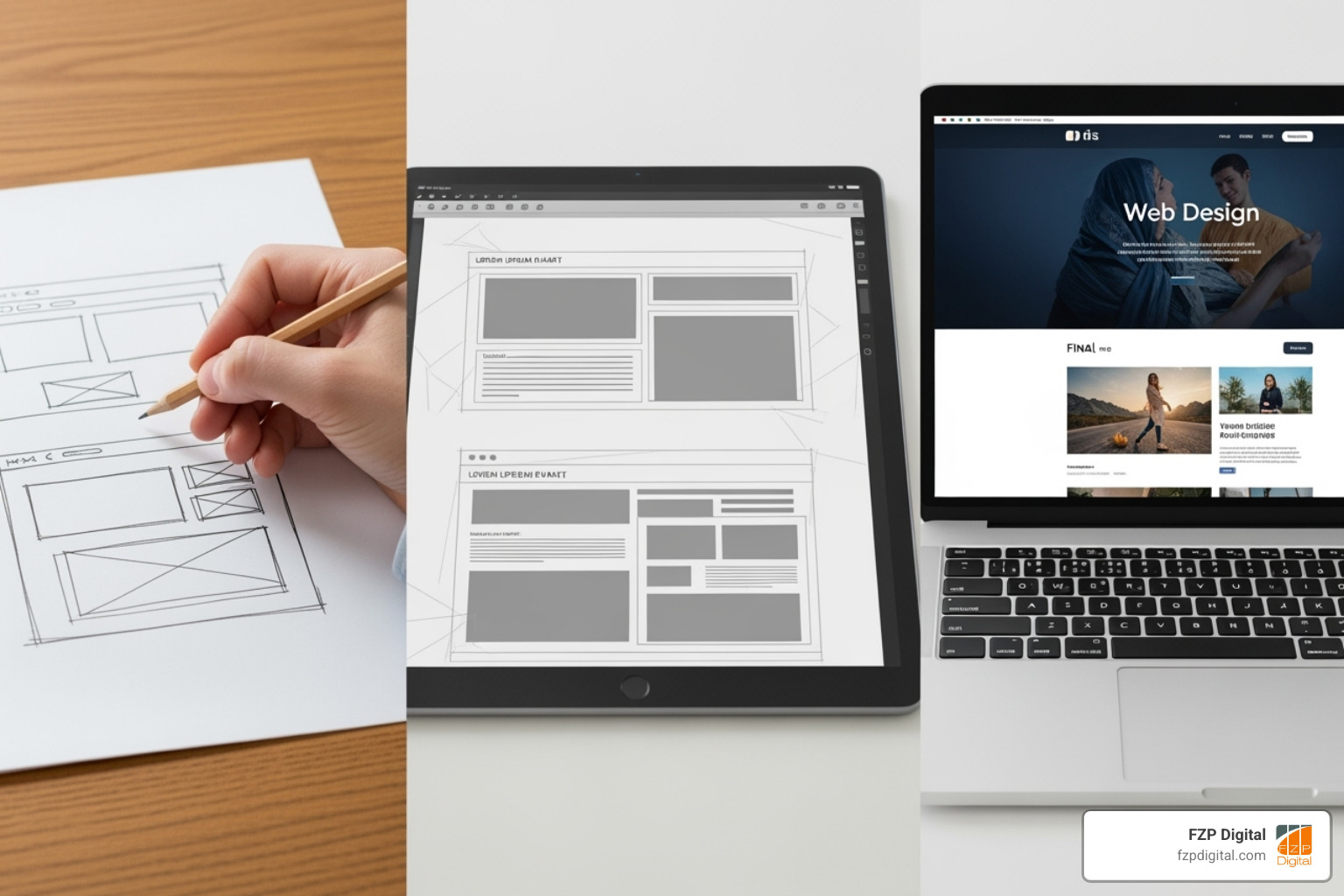 Process flow from a sketch, to a wireframe, to a finished website on a laptop - Bucks County web designer Process flow from a sketch, to a wireframe, to a finished website on a laptop - Bucks County web designer