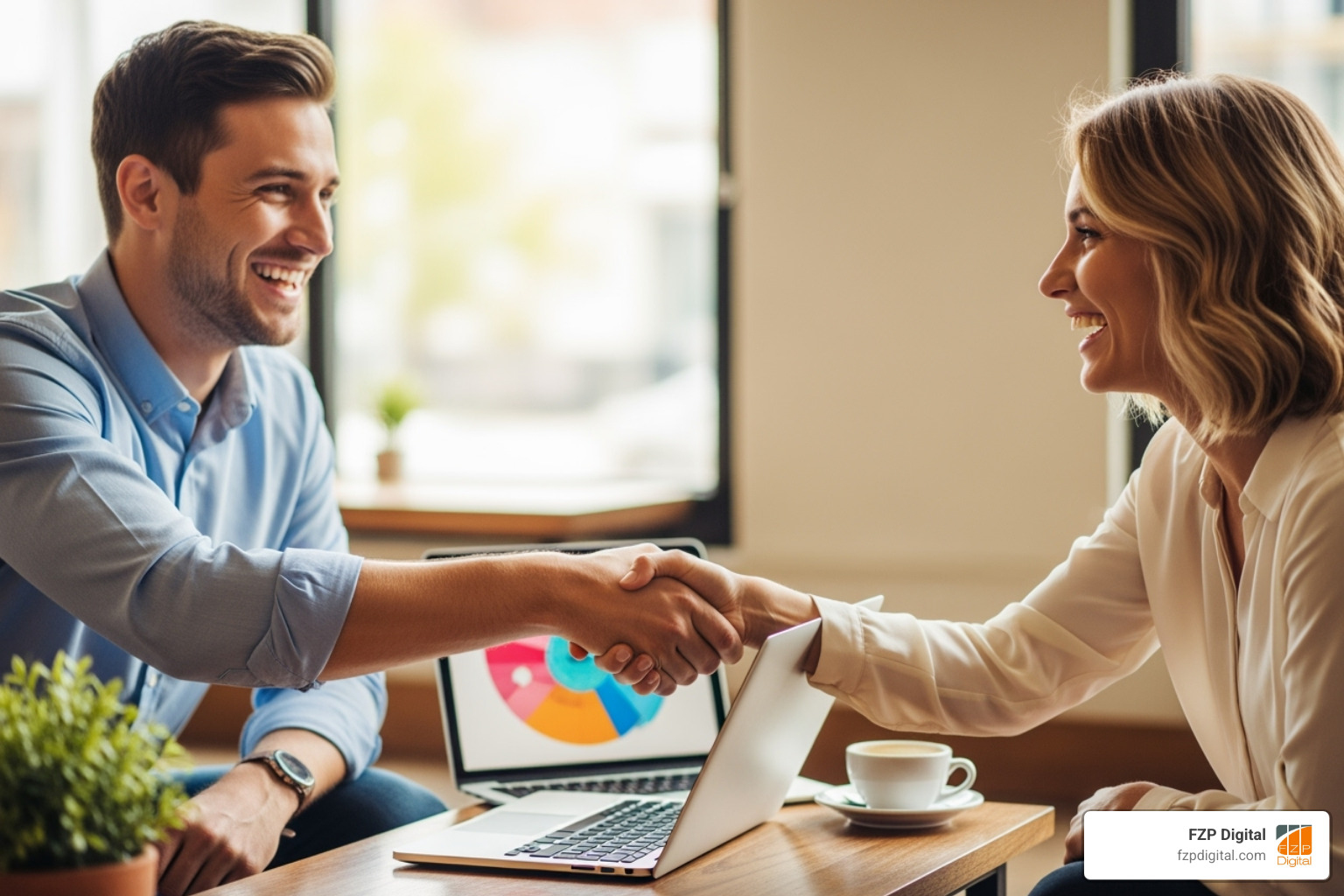 Person smiling and shaking hands with a client over a coffee table with a laptop - Bucks County web designer Person smiling and shaking hands with a client over a coffee table with a laptop - Bucks County web designer