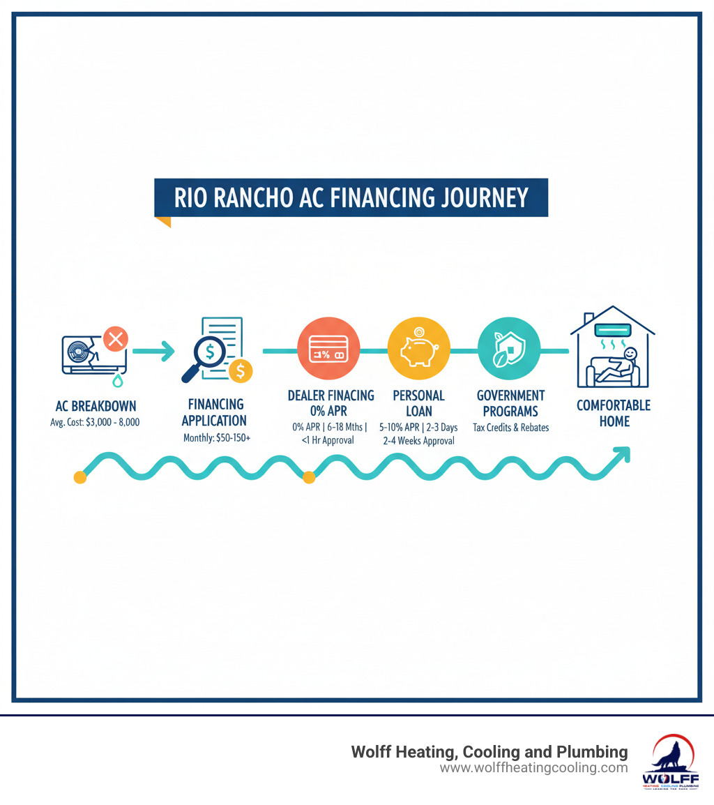 Infographic showing the progression from AC breakdown to financing application to comfortable home with new AC system, including average costs, typical monthly payment ranges, and approval timeframes for different financing types - ac financing options rio rancho infographic Infographic showing the progression from AC breakdown to financing application to comfortable home with new AC system, including average costs, typical monthly payment ranges, and approval timeframes for different financing types - ac financing options rio rancho infographic