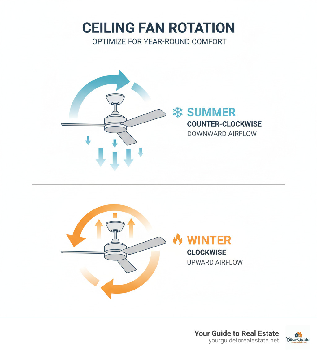 Infographic showing ceiling fan rotation directions: counter-clockwise arrows for summer cooling with downward airflow, and clockwise arrows for winter heating with upward airflow to circulate warm air - ceiling fan installation infographic Infographic showing ceiling fan rotation directions: counter-clockwise arrows for summer cooling with downward airflow, and clockwise arrows for winter heating with upward airflow to circulate warm air - ceiling fan installation infographic