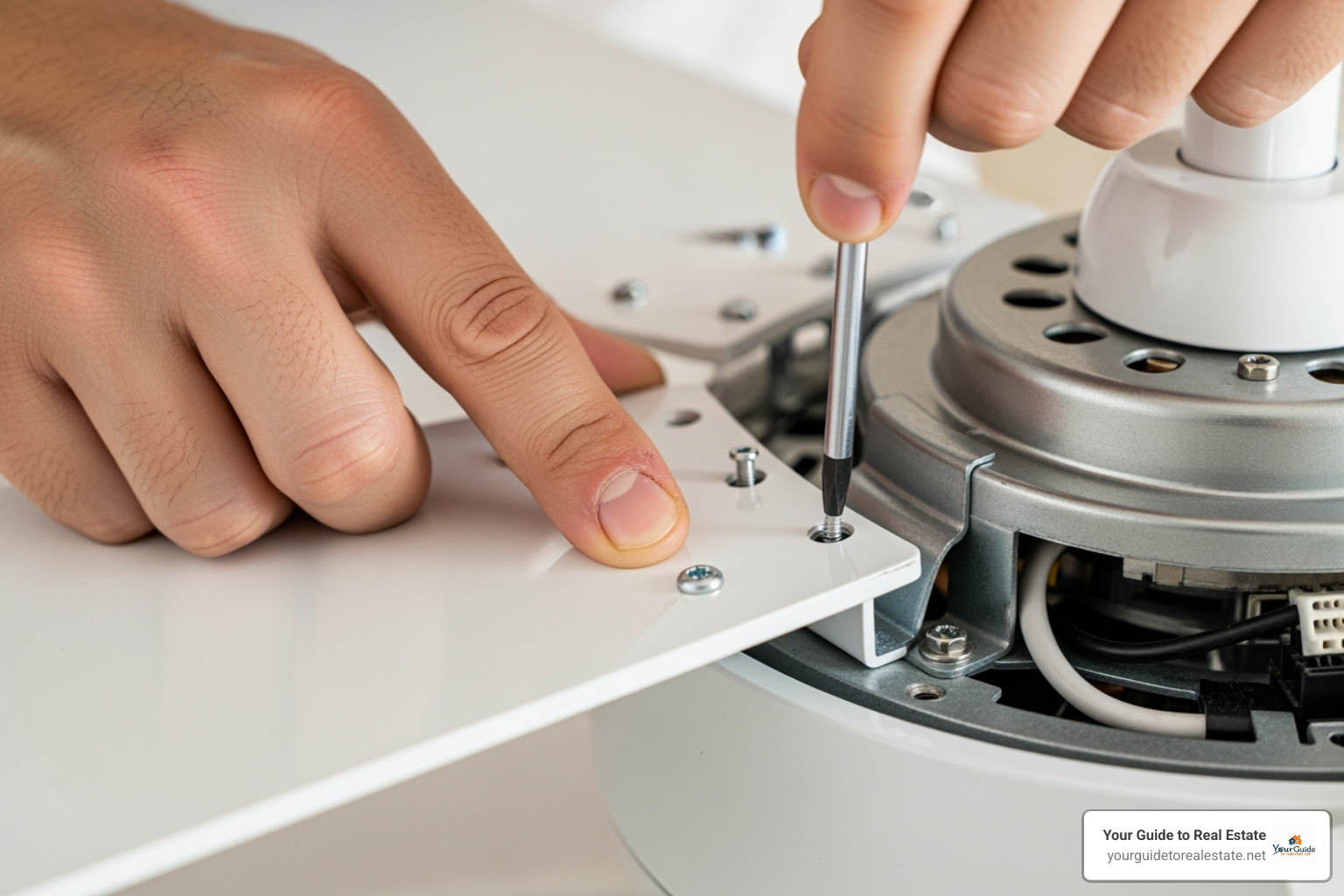 person attaching fan blade to motor housing - ceiling fan installation person attaching fan blade to motor housing - ceiling fan installation