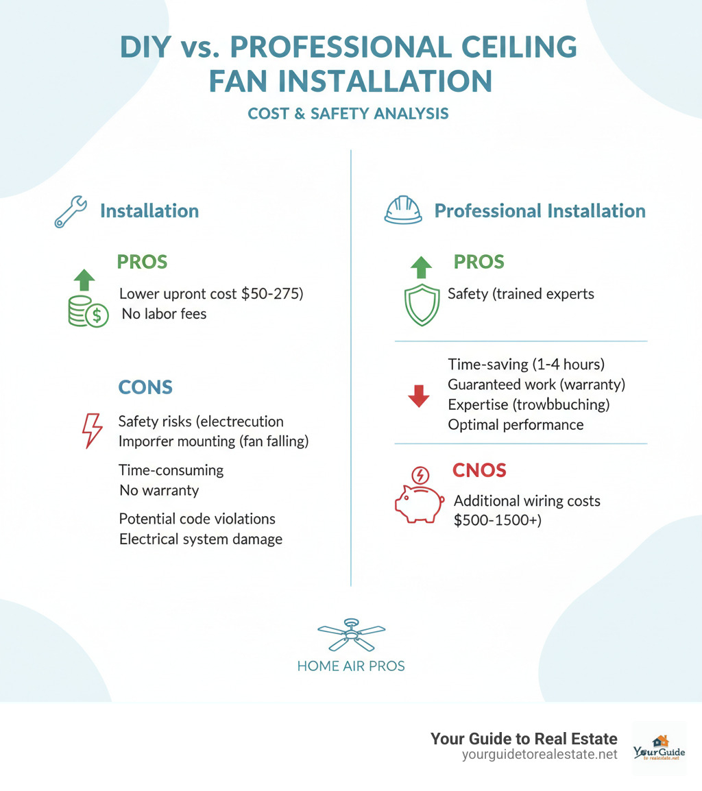 DIY vs. Professional installation pros and cons - ceiling fan installation cost infographic 