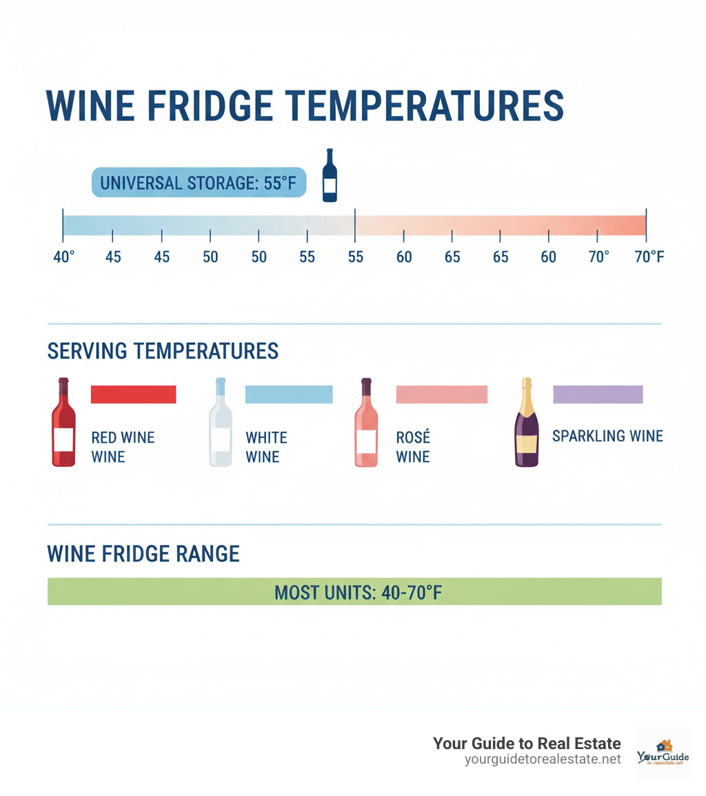 Infographic showing optimal wine fridge temperature ranges for different wine types, including storage vs serving temperatures, with visual temperature scale from 40-70°F and wine bottle icons for red, white, rosé, and sparkling wines - wine fridge temperature infographic Infographic showing optimal wine fridge temperature ranges for different wine types, including storage vs serving temperatures, with visual temperature scale from 40-70°F and wine bottle icons for red, white, rosé, and sparkling wines - wine fridge temperature infographic