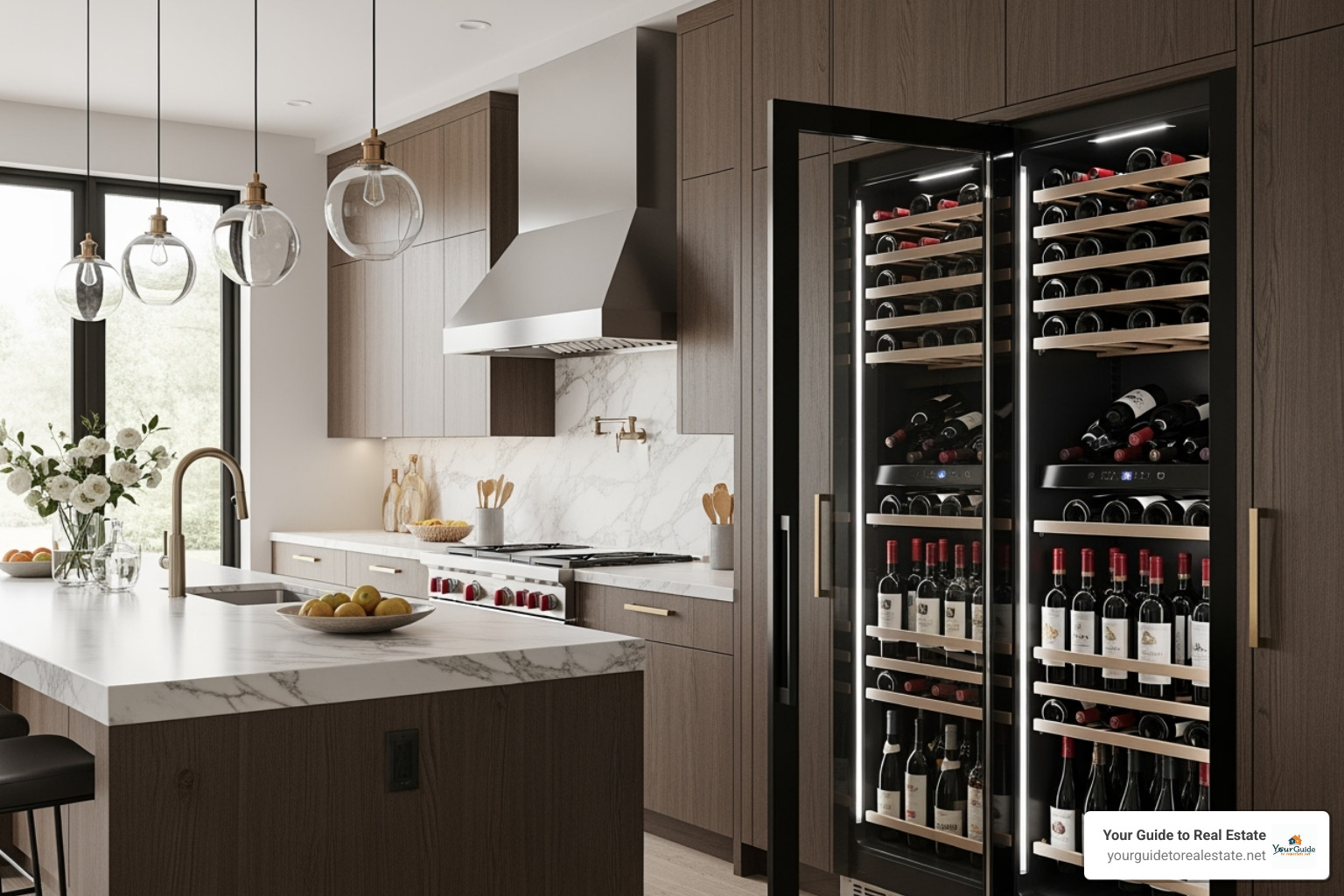 A stylish built-in wine fridge in a modern kitchen, showcasing a collection of red and white wines - wine fridge temperature A stylish built-in wine fridge in a modern kitchen, showcasing a collection of red and white wines - wine fridge temperature