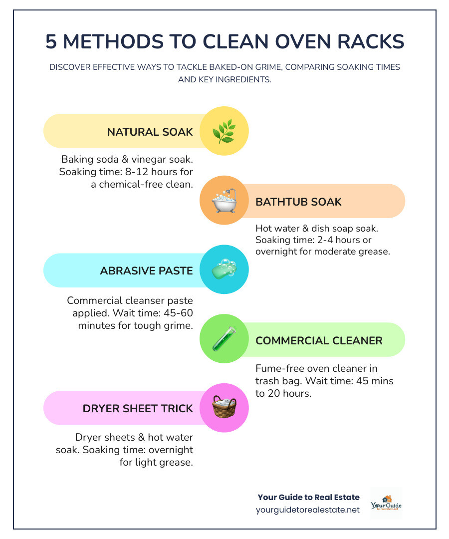 Infographic comparing 5 oven rack cleaning methods showing Natural Soak with baking soda and vinegar taking 8-12 hours, Bathtub Soak with dish soap taking 2-4 hours, Abrasive Paste method taking 45-60 minutes, Commercial Cleaner in trash bag taking 45 minutes to 20 hours, and Dryer Sheet method taking overnight, with effectiveness ratings and effort levels for each - how to clean oven racks infographic infographic-line-5-steps-colors