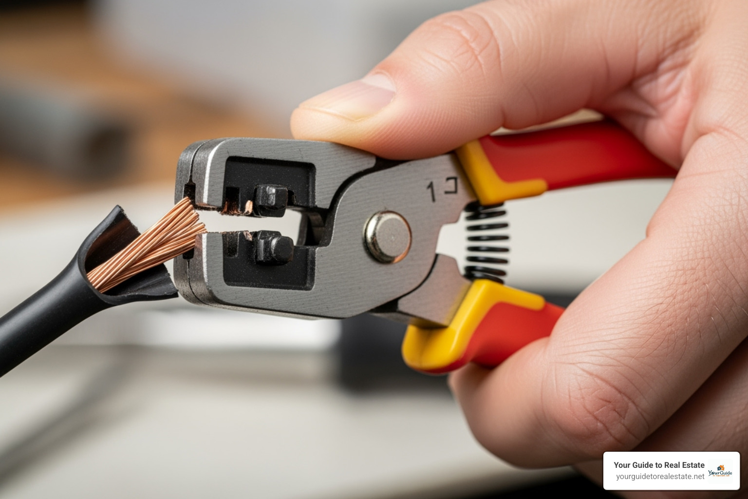 Image of a hand using wire strippers on a black wire. - how to wire a light switch