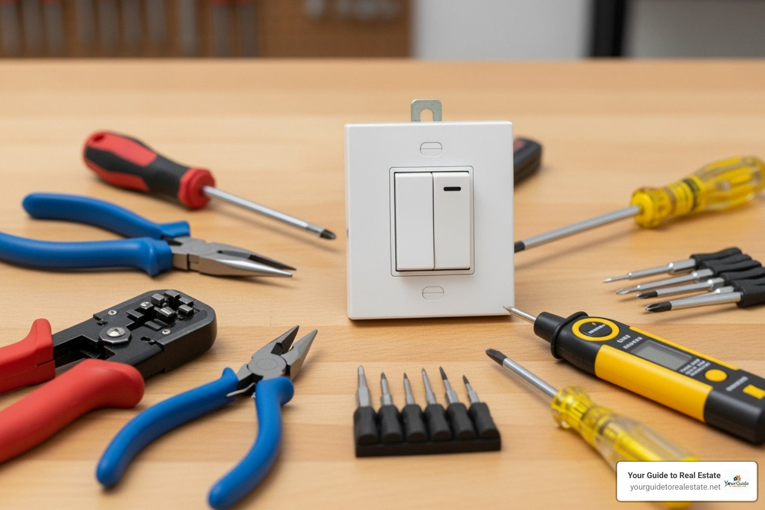 Image of all the necessary tools and materials laid out: screwdrivers, voltage tester, wire strippers, pliers, and a new switch. - how to wire a light switch