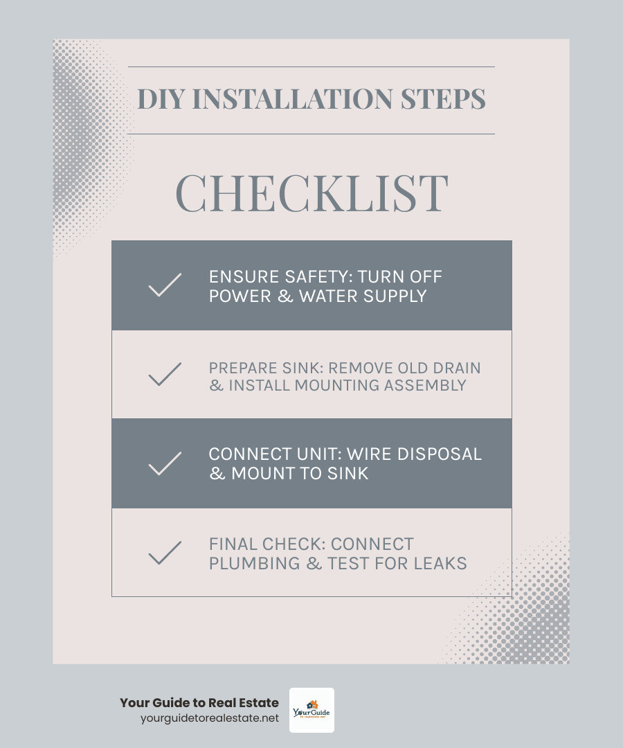 Step-by-step garbage disposal installation process showing tools needed, safety precautions, mounting assembly installation, electrical connections, and final testing procedures - garbage disposal installation infographic checklist-light-blue-grey Step-by-step garbage disposal installation process showing tools needed, safety precautions, mounting assembly installation, electrical connections, and final testing procedures - garbage disposal installation infographic checklist-light-blue-grey