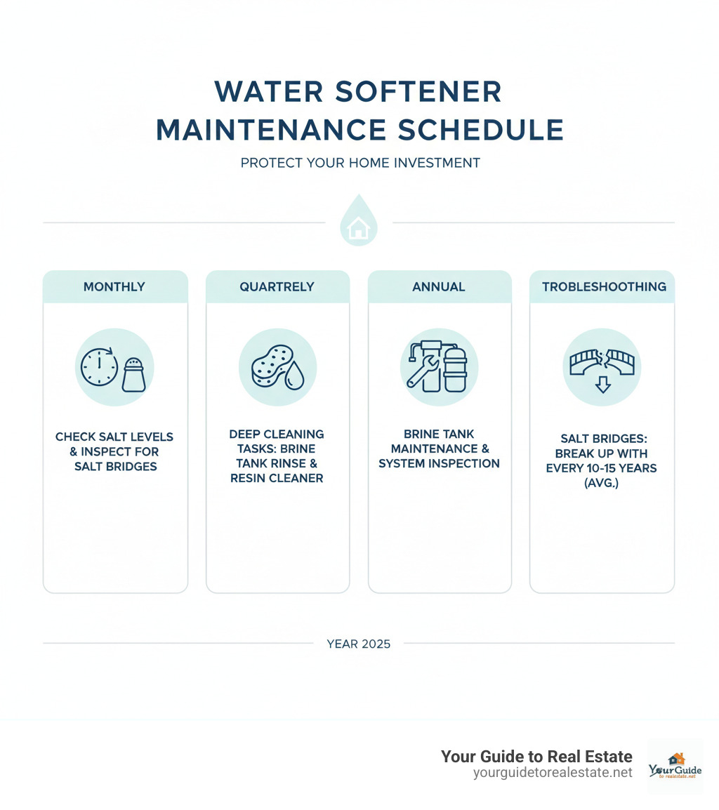 Comprehensive water softener maintenance schedule showing monthly salt checks, quarterly deep cleaning tasks, annual brine tank maintenance, and troubleshooting steps for common issues like salt bridges and resin replacement - water softener maintenance infographic 