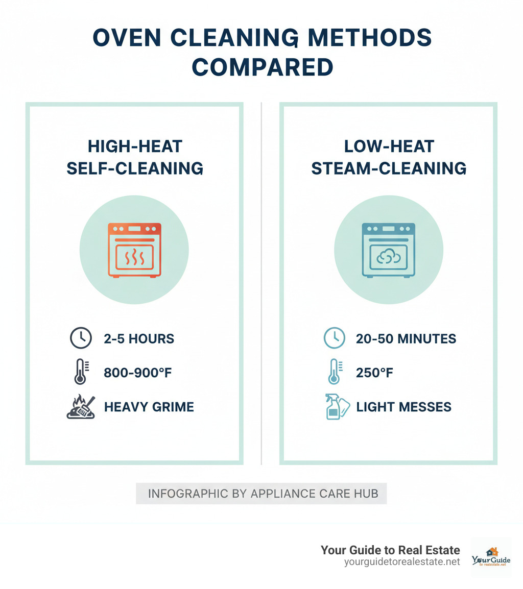 Comparison of High-Heat Self-Cleaning vs. Steam-Cleaning features - how to clean oven infographic 