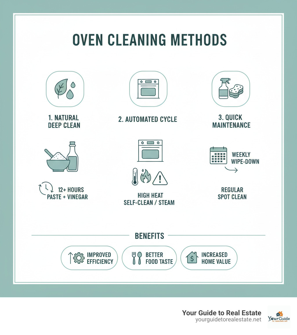 Infographic showing three oven cleaning methods: natural baking soda and vinegar method with 12-hour timeline, automated self-cleaning cycle with high heat warning symbols, and quick maintenance approach with weekly wipe-down schedule, including benefits like improved efficiency, better food taste, and increased home value - how to clean oven infographic 