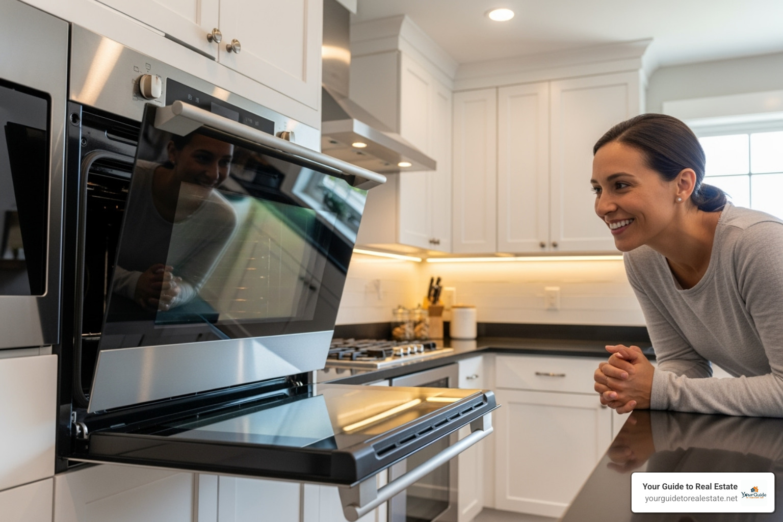 person smiling admiring sparkling clean oven - how to clean oven