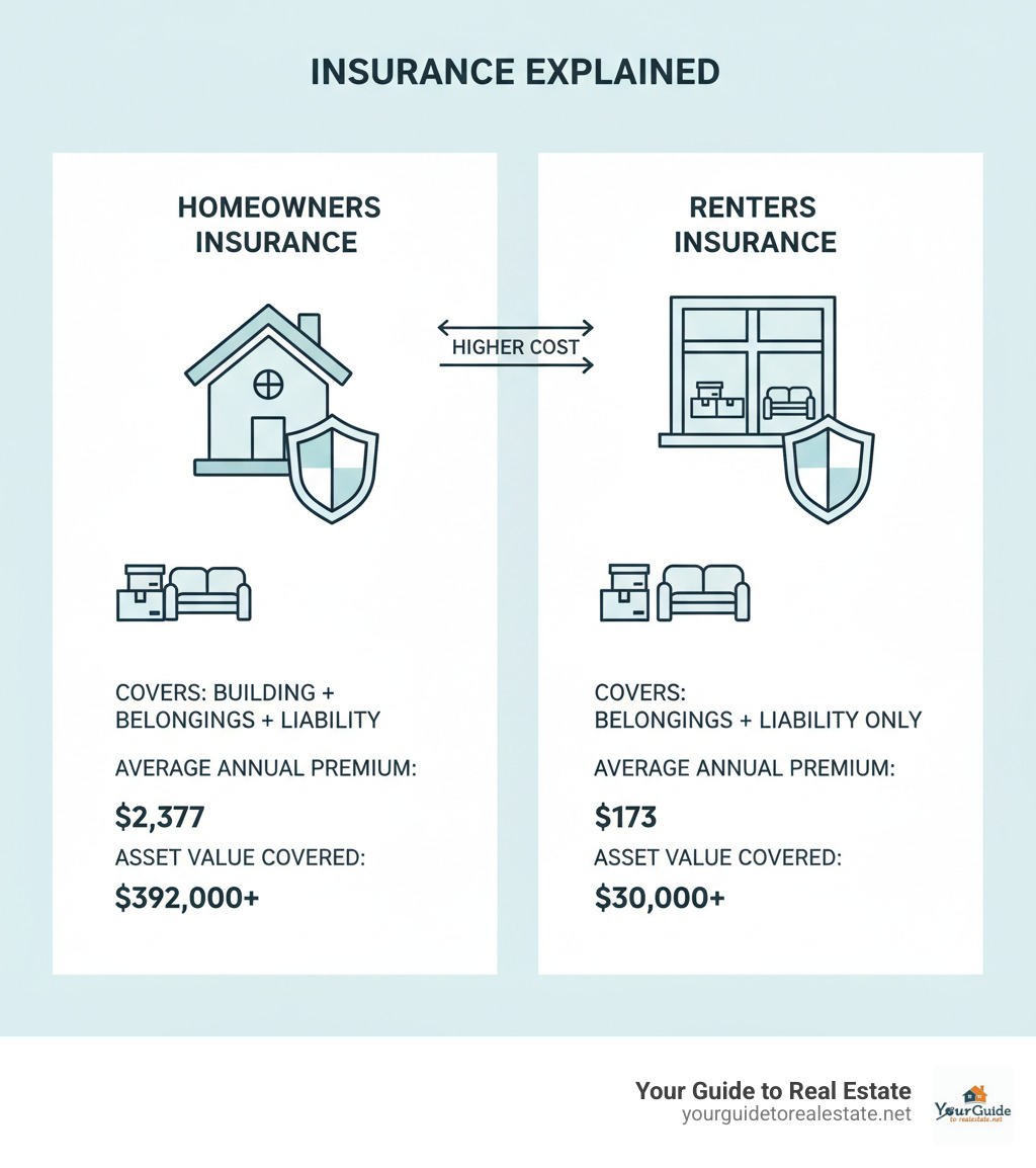 Infographic showing homeowners insurance covering both the building structure and personal belongings with higher costs, while renters insurance only covers personal belongings and liability with lower costs, including specific dollar amounts for average annual premiums and asset values - what is the primary difference between homeowners insurance and renters insurance? infographic 