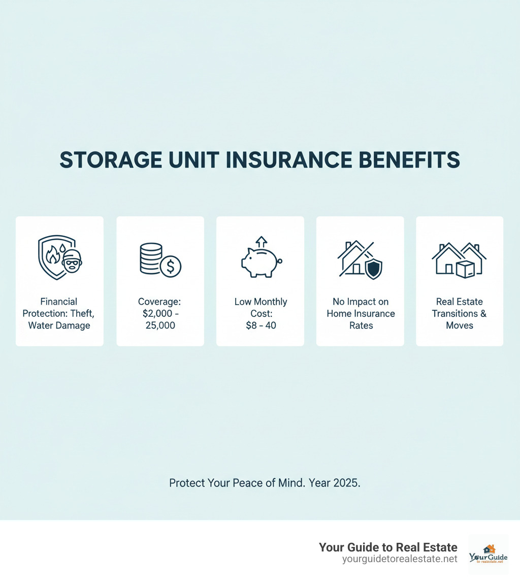 Infographic showing storage unit insurance benefits: Financial protection against theft, fire, and water damage; Coverage limits from $2,000-$25,000; Low monthly costs $8-$40; No impact on home insurance rates; Protection during real estate transitions and moves - storage unit insurance infographic 