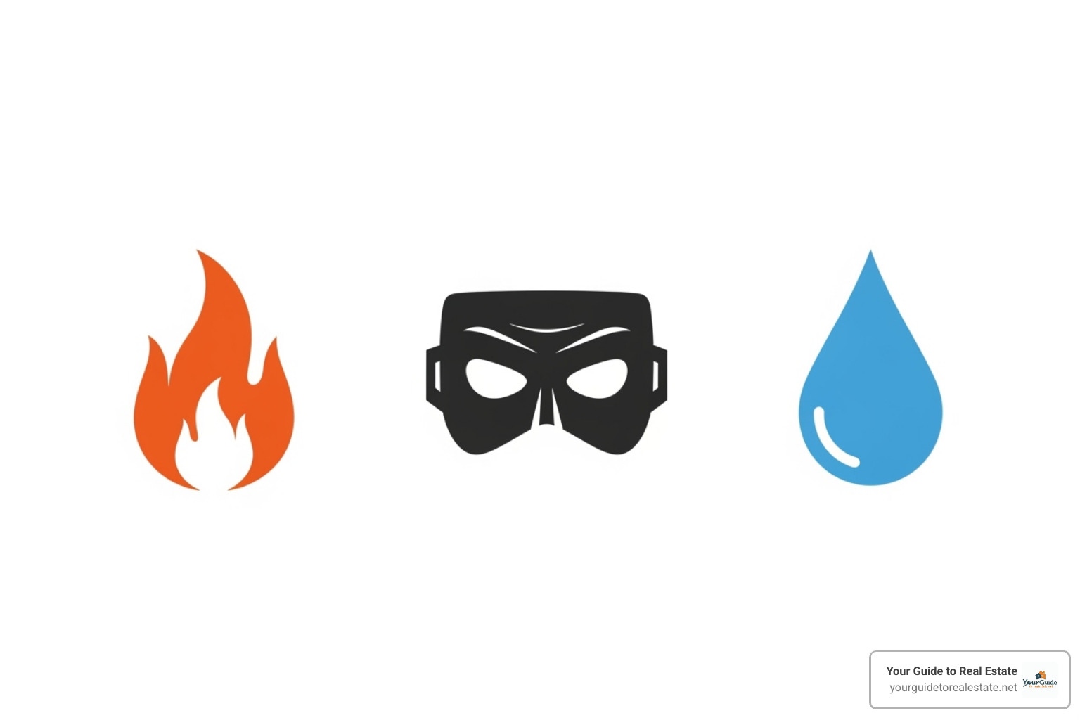 icons representing fire, theft, and water damage - storage unit insurance