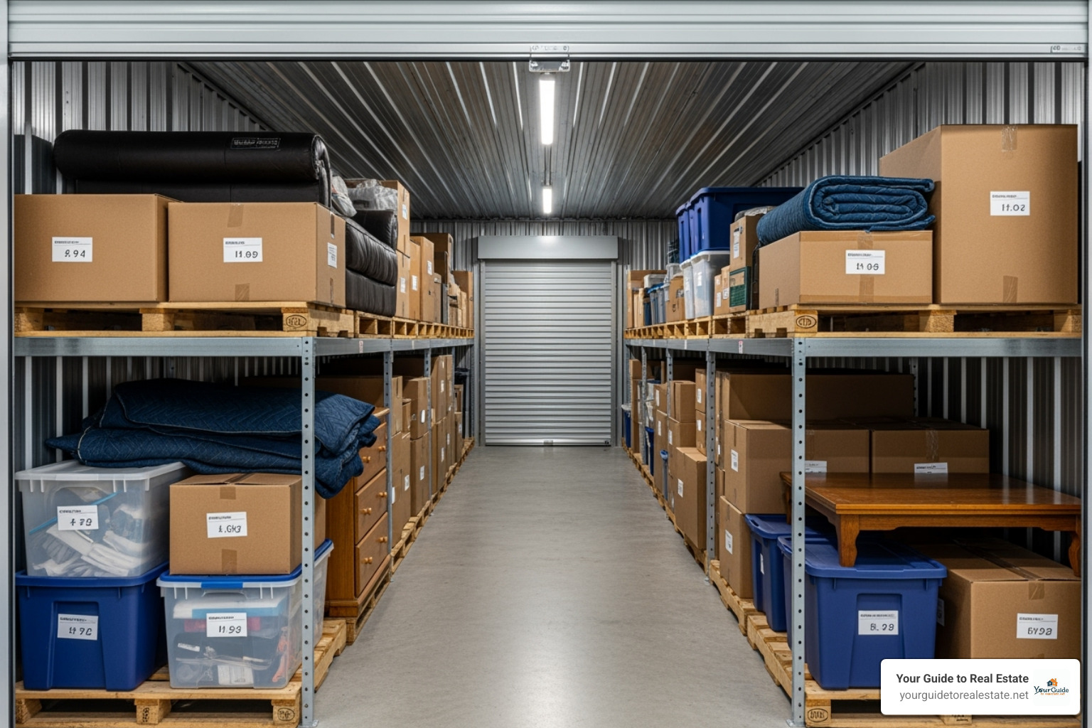 a well-organized storage unit with items on pallets - storage unit insurance