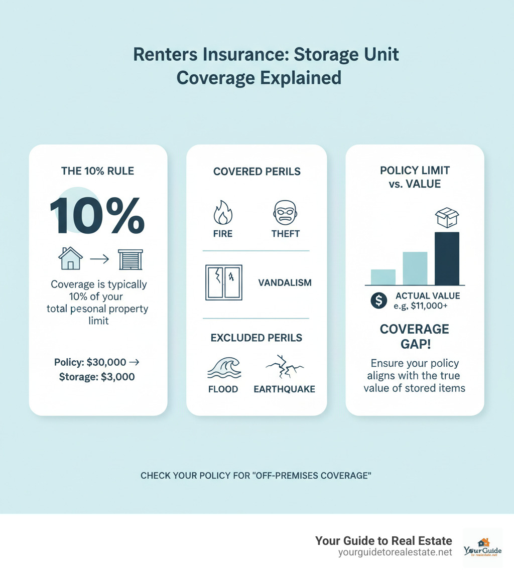 Infographic showing renters insurance storage unit coverage breakdown with 10% rule, covered perils like fire and theft, excluded perils like floods, and comparison of policy limits versus actual stored item values - does renters insurance cover storage units infographic 